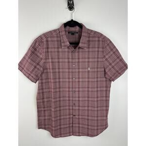 John Varvatos Red Plaid Short Sleeve Embroidered Peace Sign Button Up Large